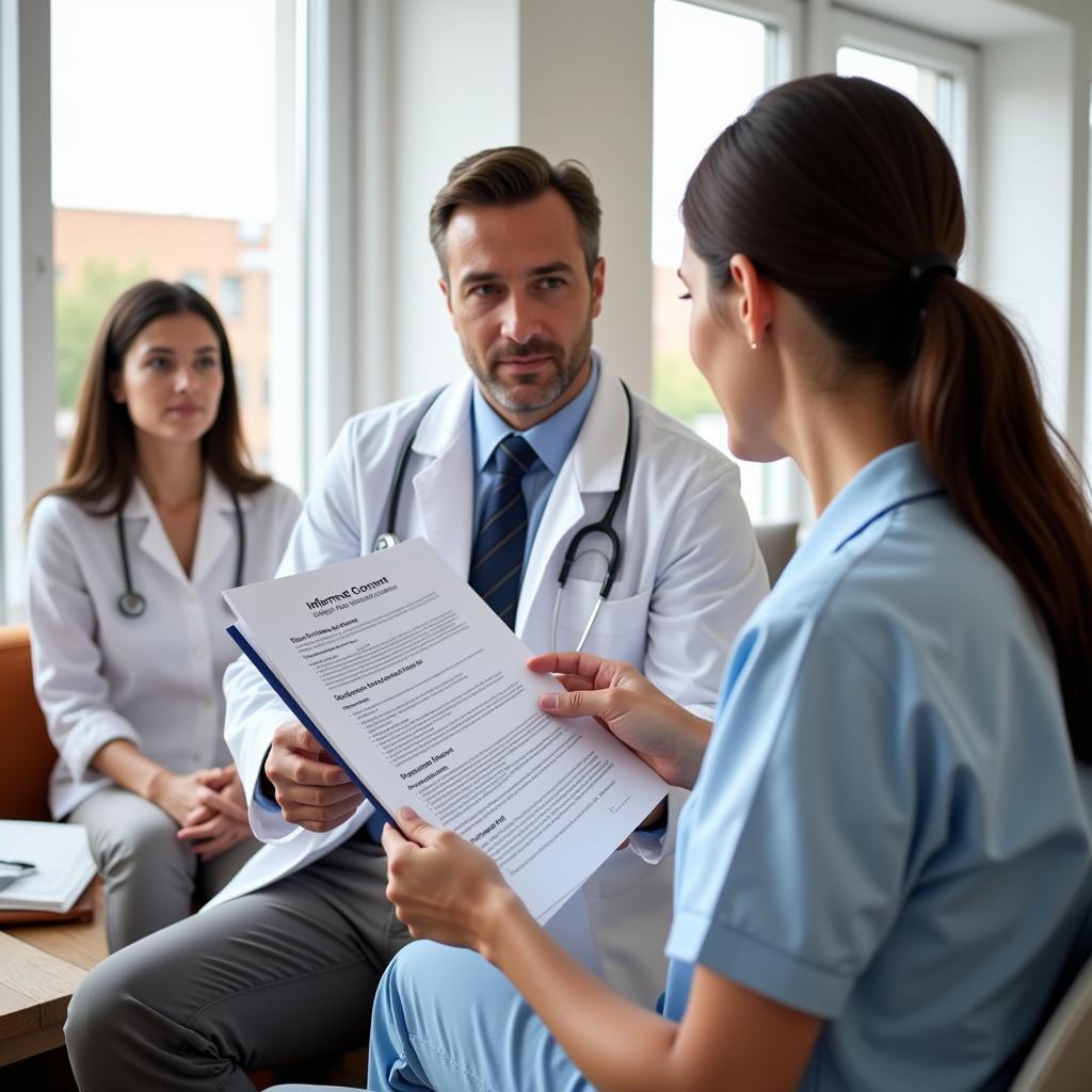 A doctor explaining informed consent to a patient before a clinical trial.