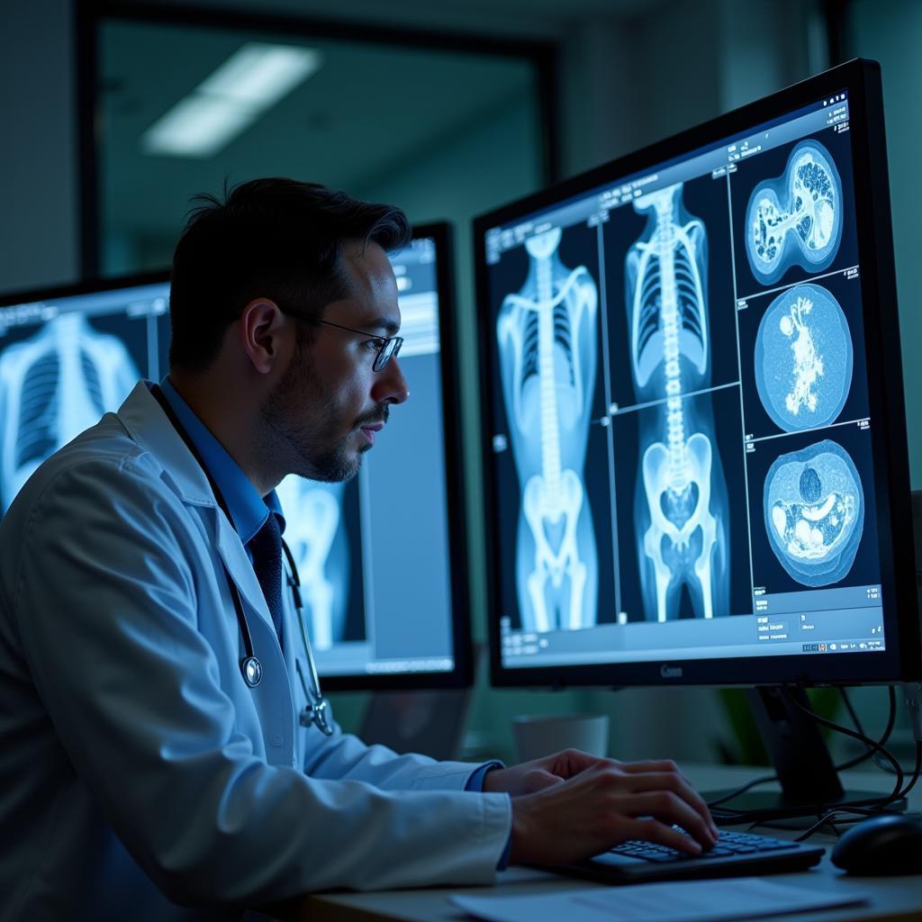 Doctor analyzing high-resolution medical images on a computer screen