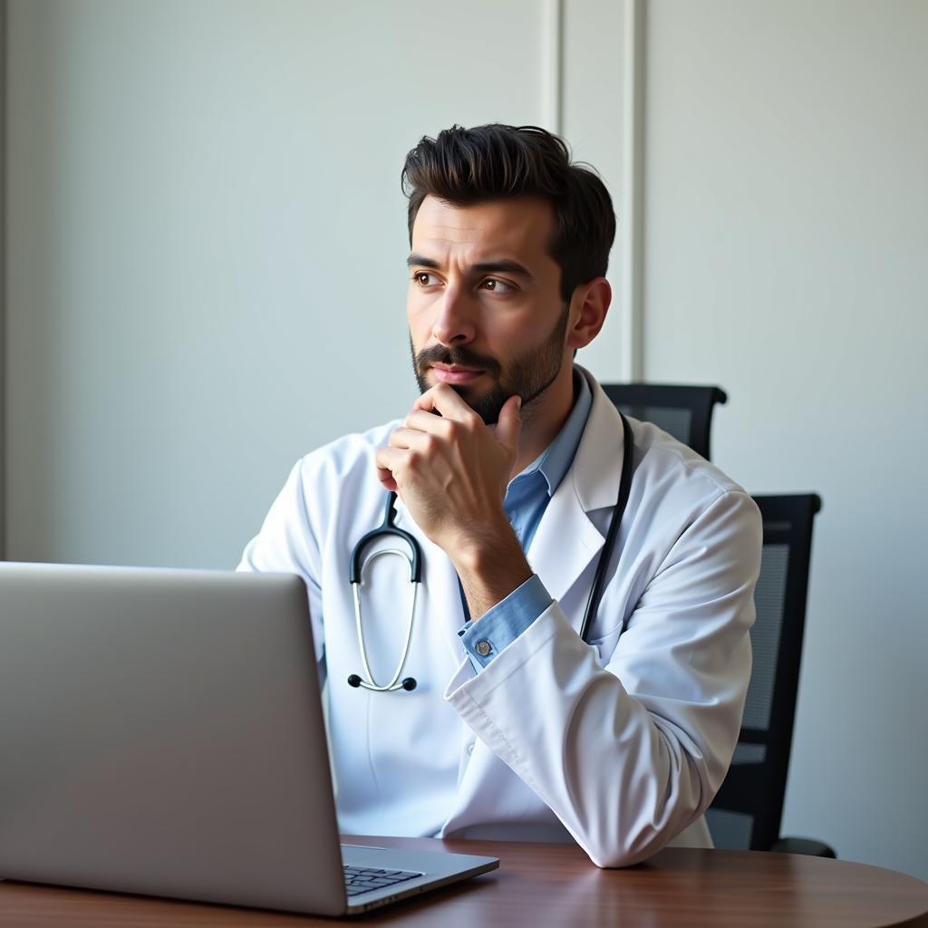 Doctor using computer with thoughtful expression