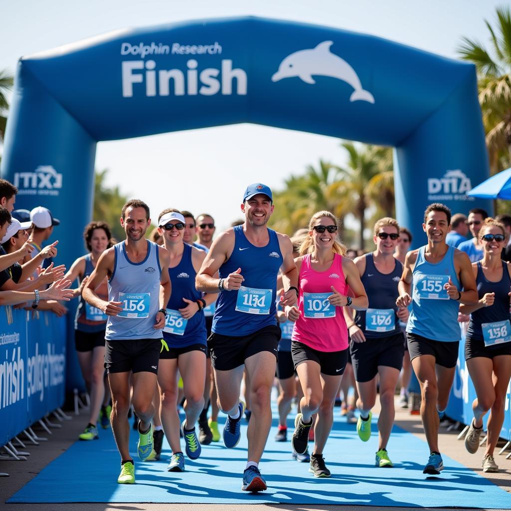 Marathon finish line with Dolphin Research Center backdrop