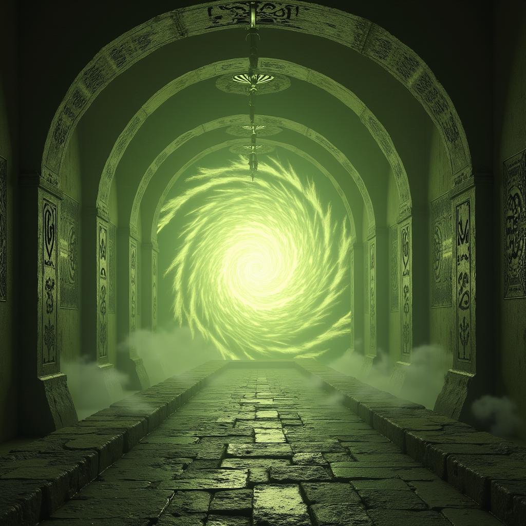 Depiction of an interdimensional portal within the Doom Advanced Research Complex, emitting an eerie glow and surrounded by strange symbols.