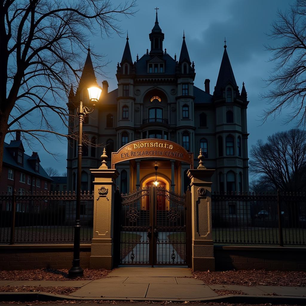 The imposing exterior of the Doris Stein Eye Research Center at night