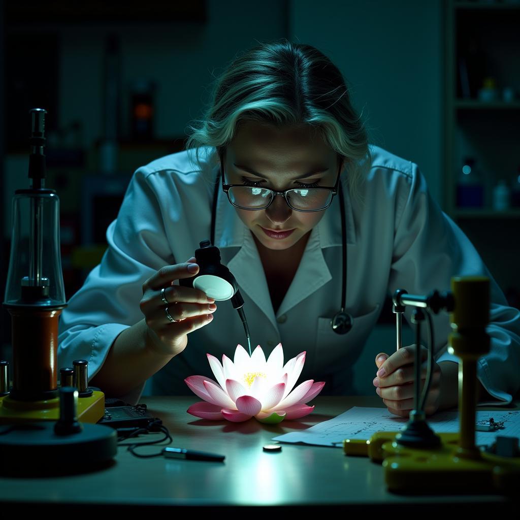 Dr. Lillian Vance examines a lotus flower with specialized equipment.