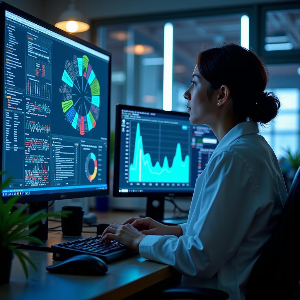 Dry lab setting displaying a researcher analyzing biological data using bioinformatics software