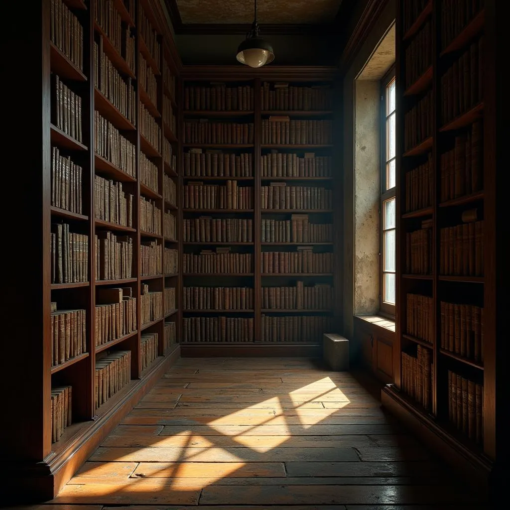 A dimly lit archive room filled with stacks of old books and files.