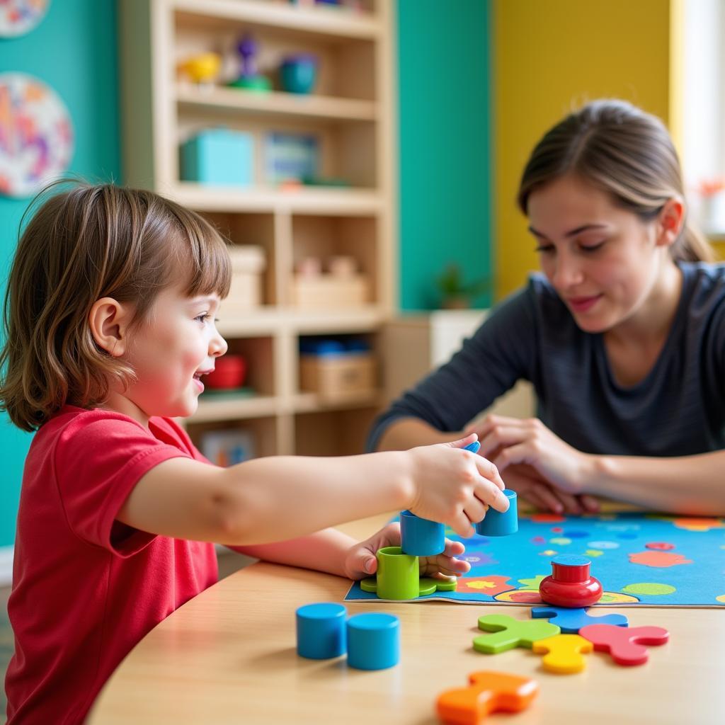 Child interacting with therapist during autism assessment