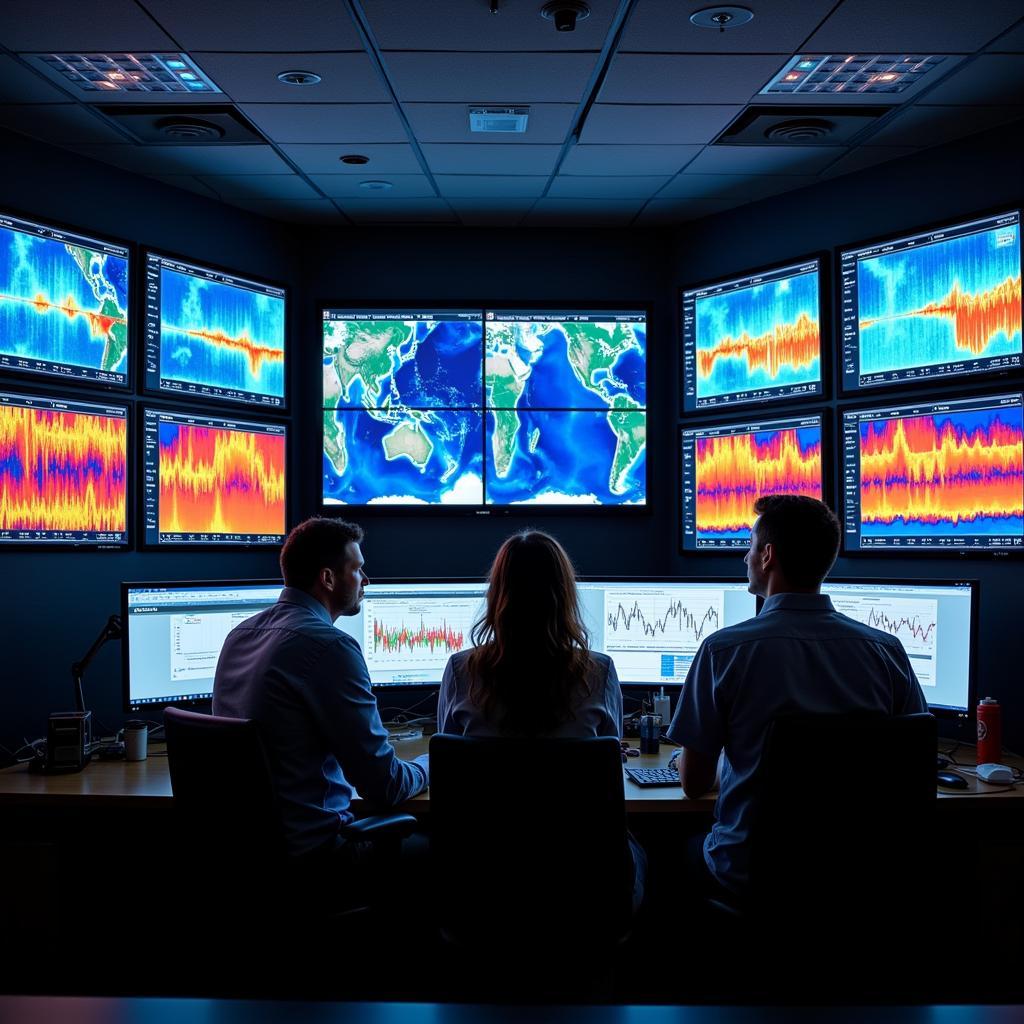 Scientists studying seismic data at an earthquake research center