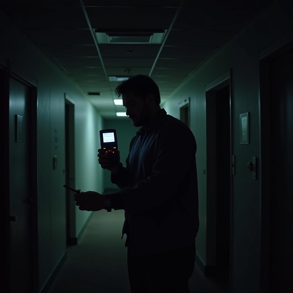 A paranormal investigator using an EMF meter to detect fluctuations in electromagnetic fields inside a dark room