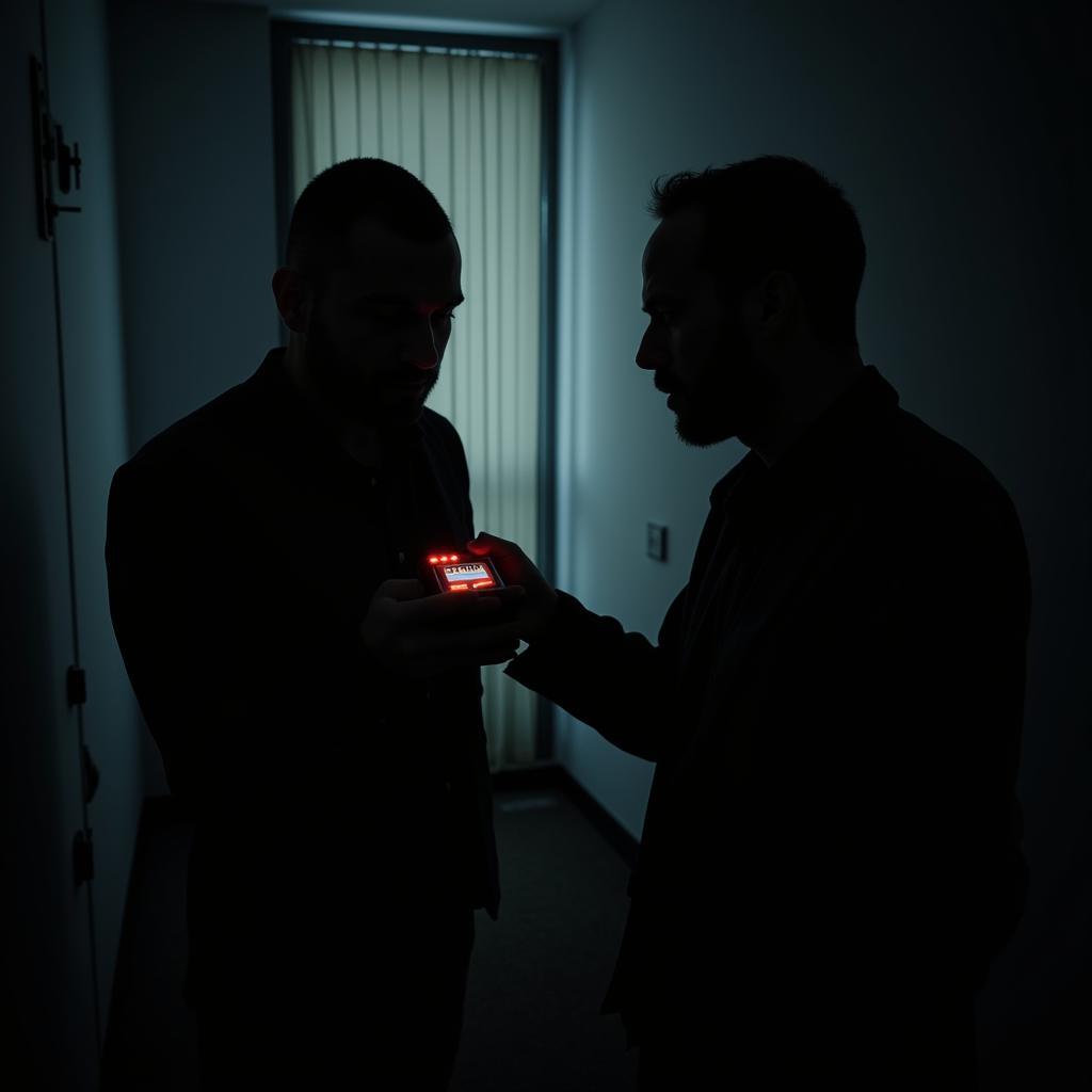 Paranormal investigators holding an EMF reader which displays a high reading