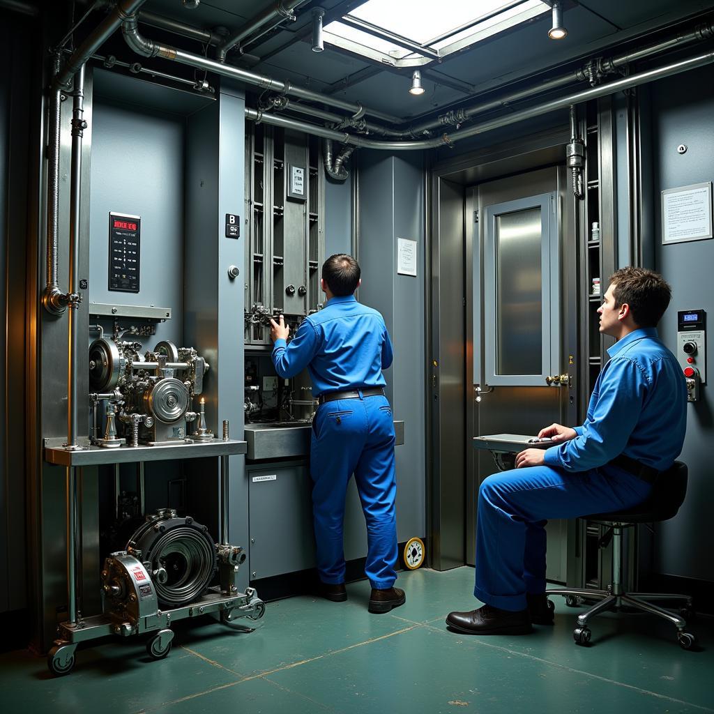 Engineers conducting rigorous safety tests on an elevator system