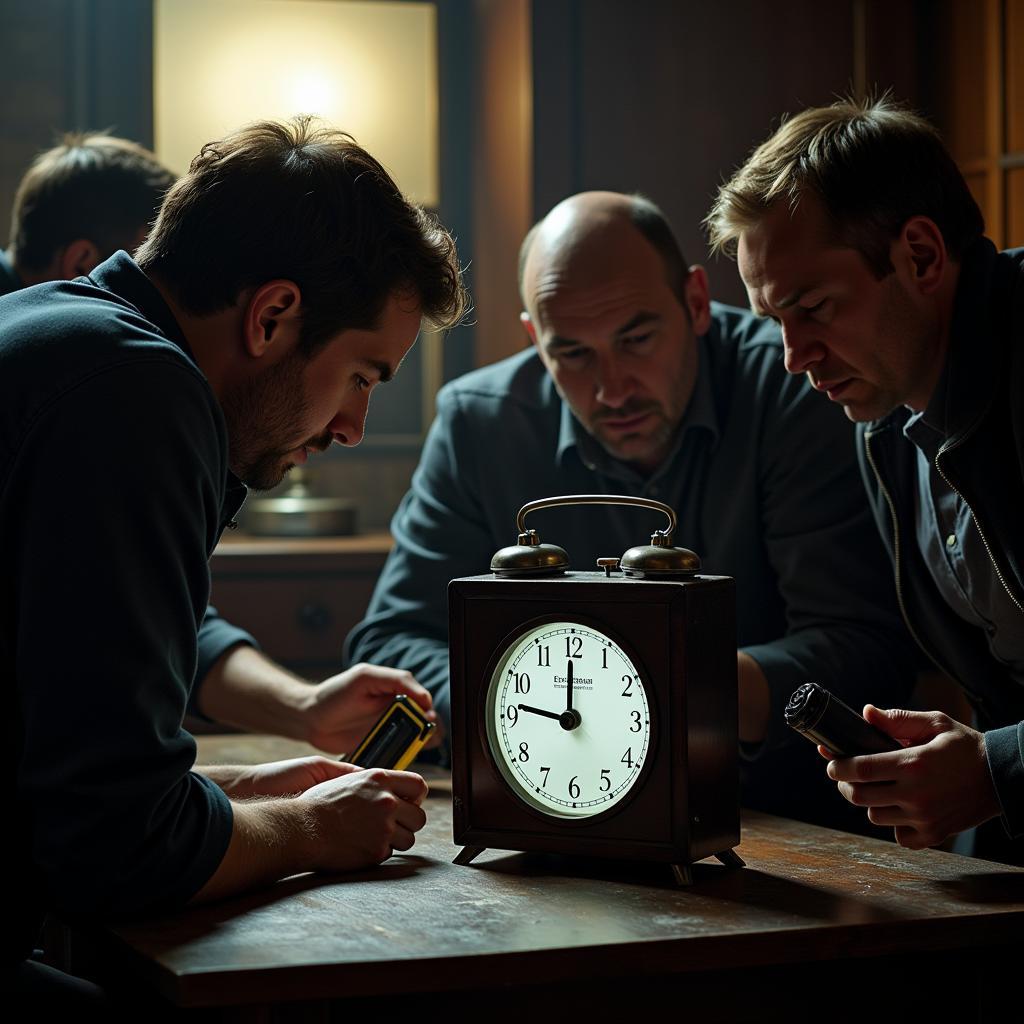 Paranormal investigators examining an Emerson Research alarm clock for unusual electromagnetic fluctuations