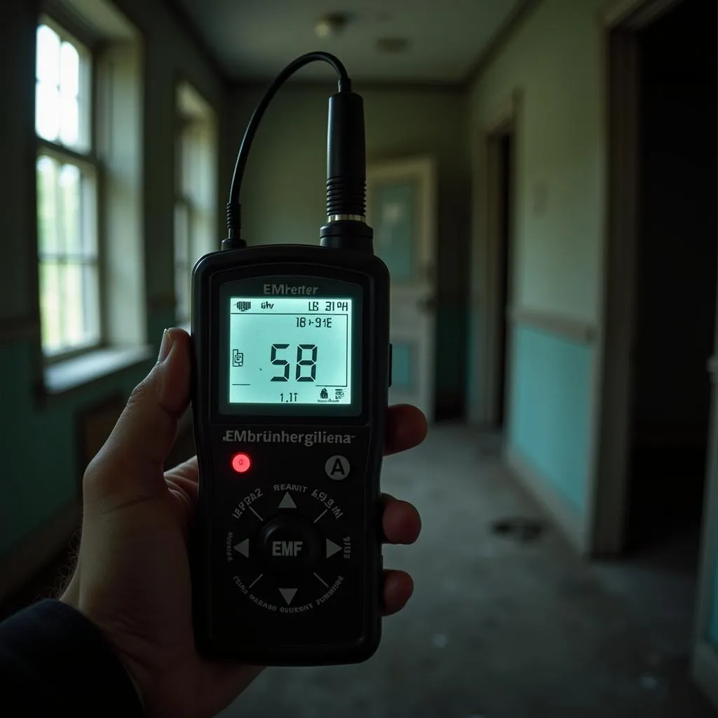 A hand holding an EMF meter displaying a high reading in a supposedly haunted location