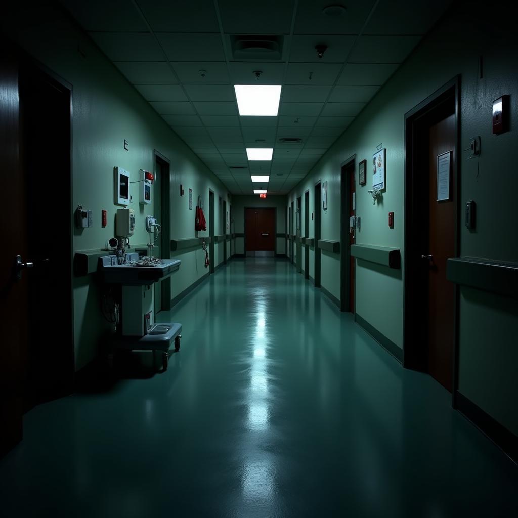 Dimly lit hospital corridor at night with shadows