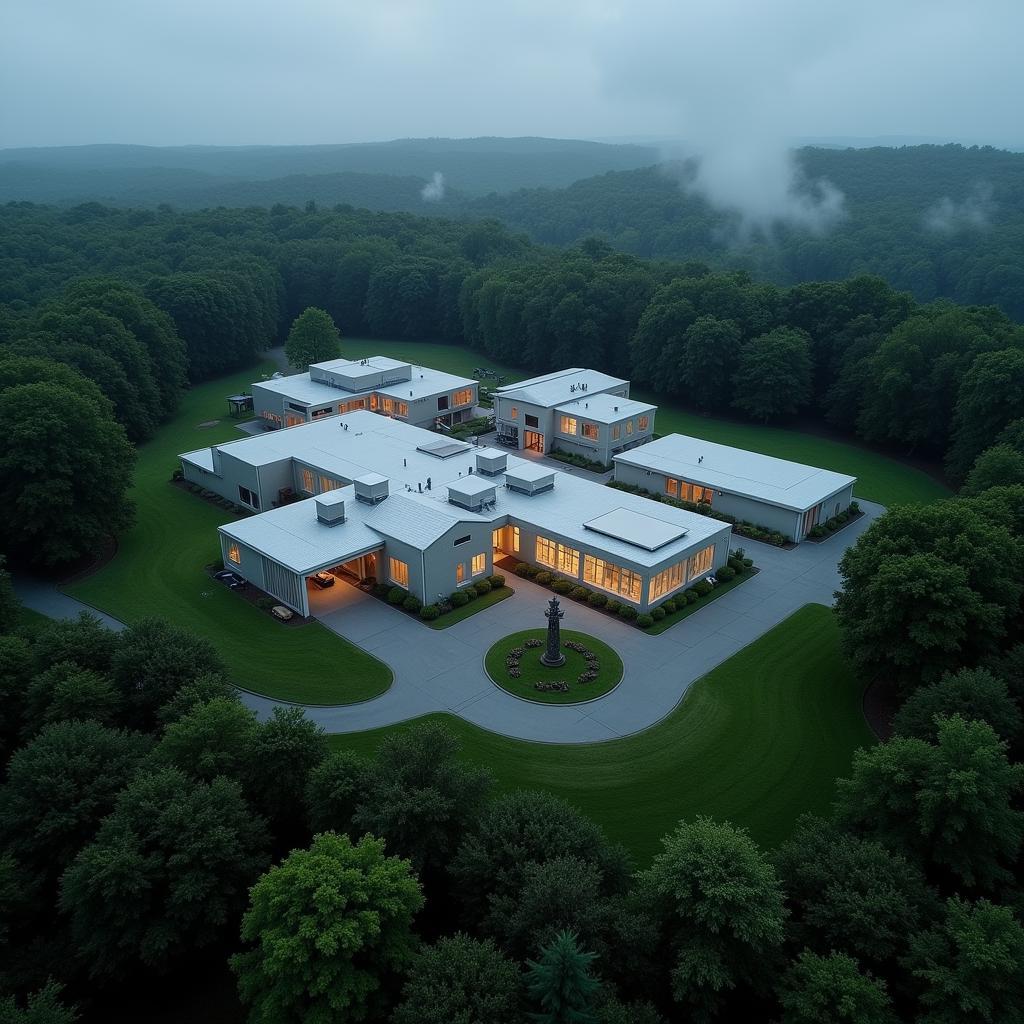 An aerial view of a secluded research facility surrounded by forest