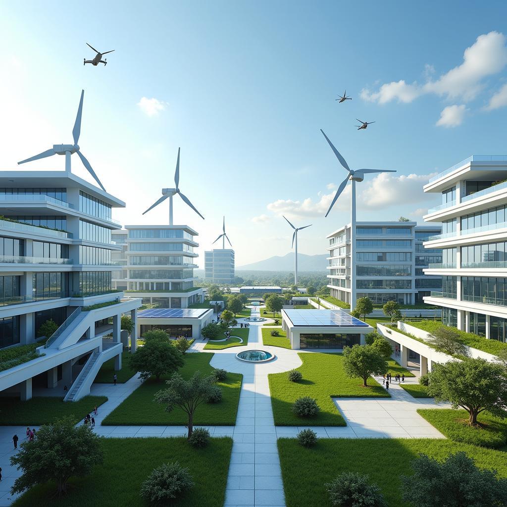 Futuristic energy research park with solar panels and wind turbines.