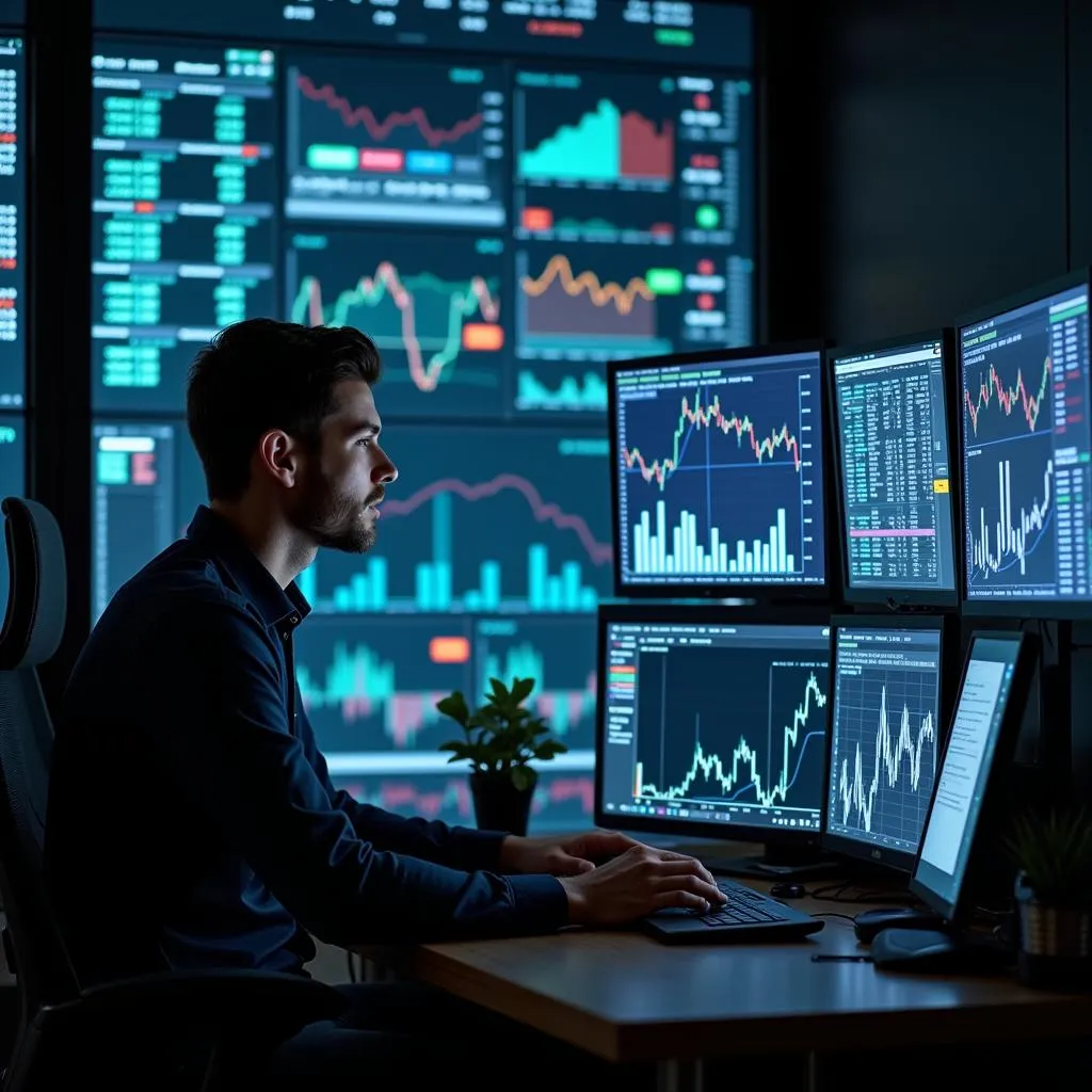 Equity research analyst analyzing financial data on multiple computer screens.