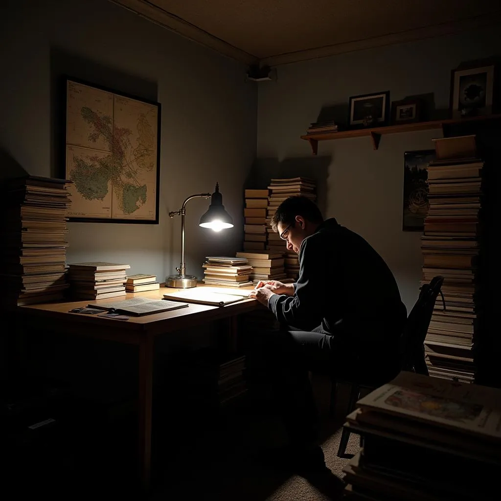 ESO researcher analyzing evidence in a dimly lit room