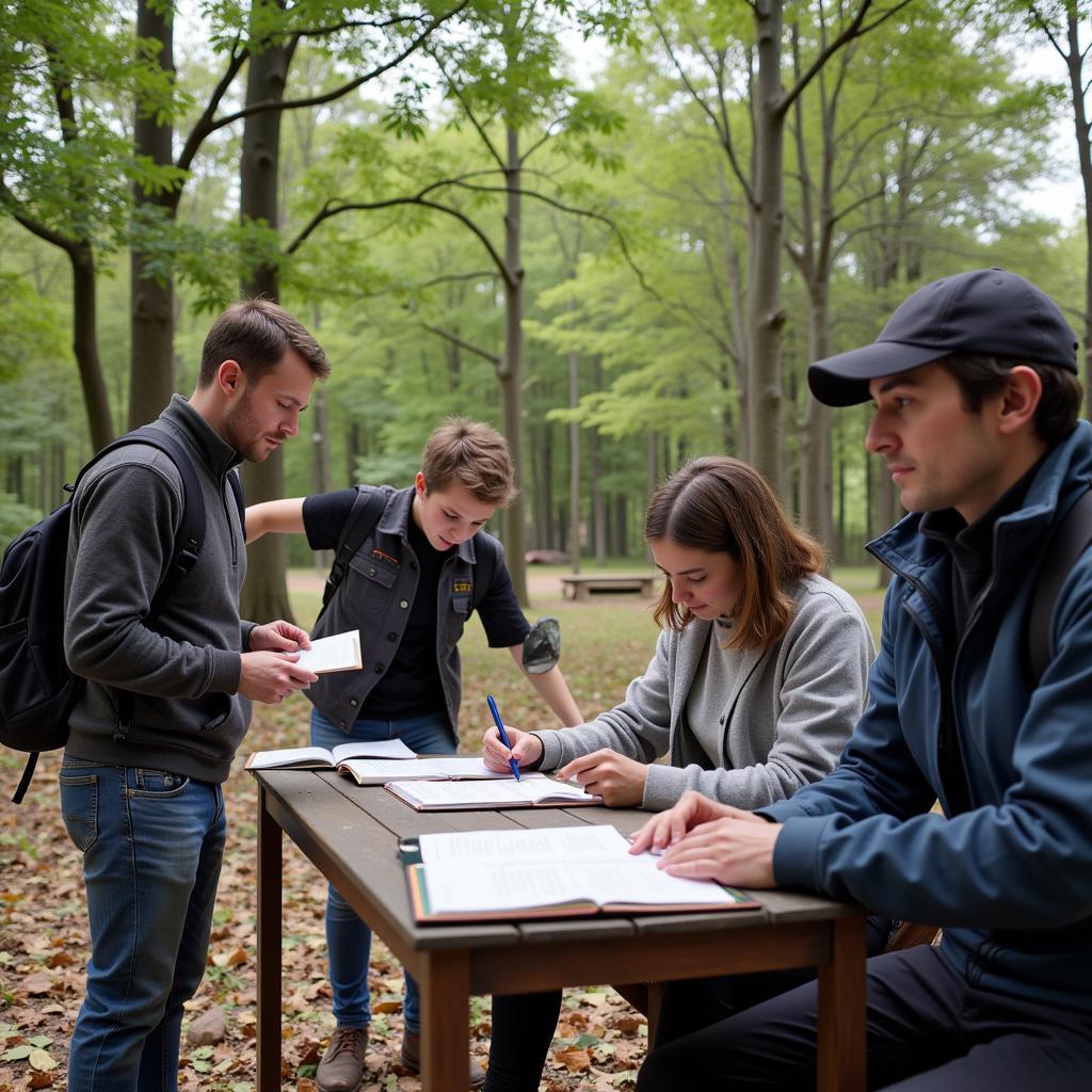 Researchers observing and taking notes on human interaction in a public setting