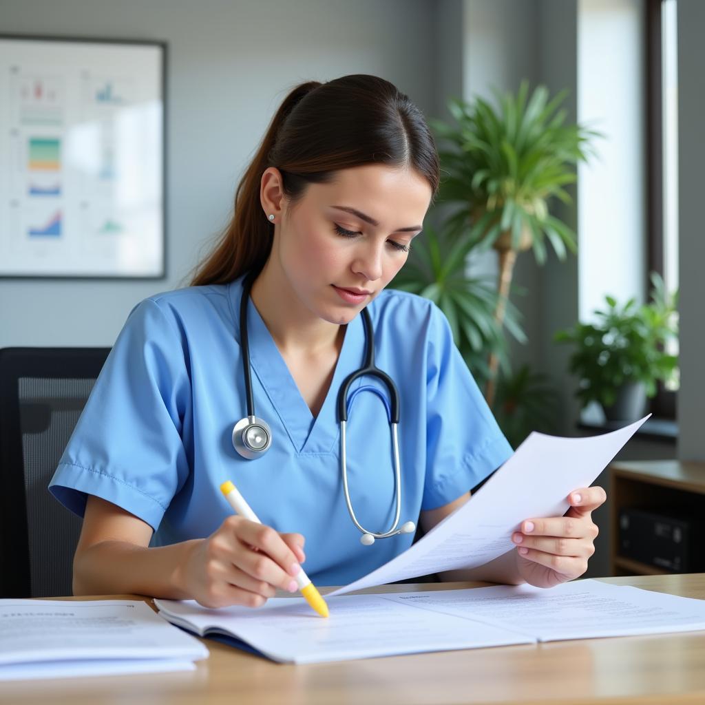 A nurse carefully reviewing research articles, highlighting key findings.