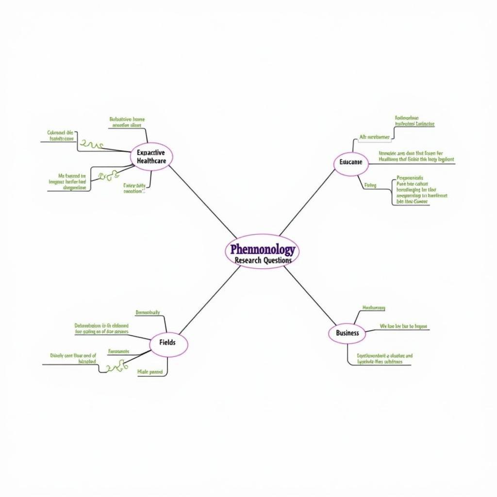 Examples of phenomenology research questions in healthcare, education, and business contexts.