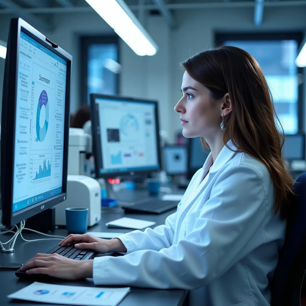 Female scientist analyzing data in a Magee laboratory