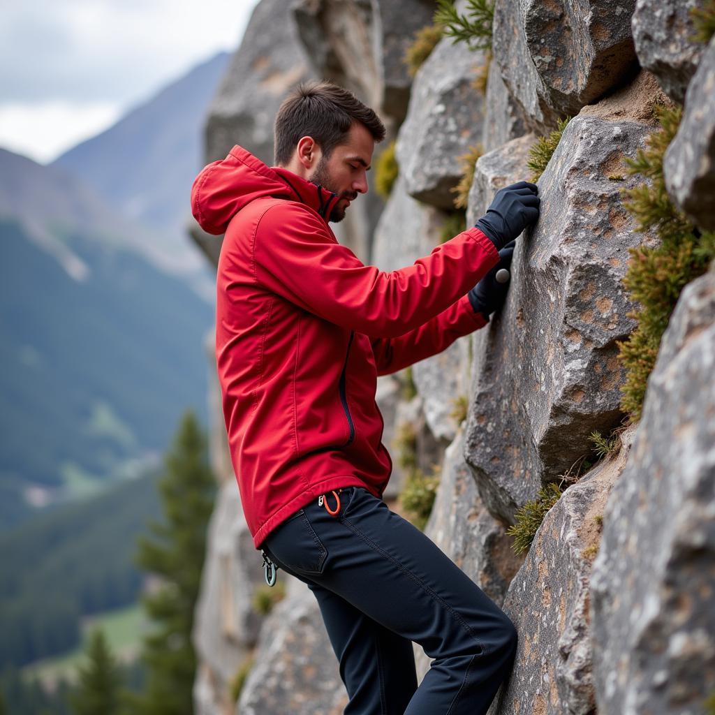 Climber Scaling a Rock Face in a Ferrosi Jacket