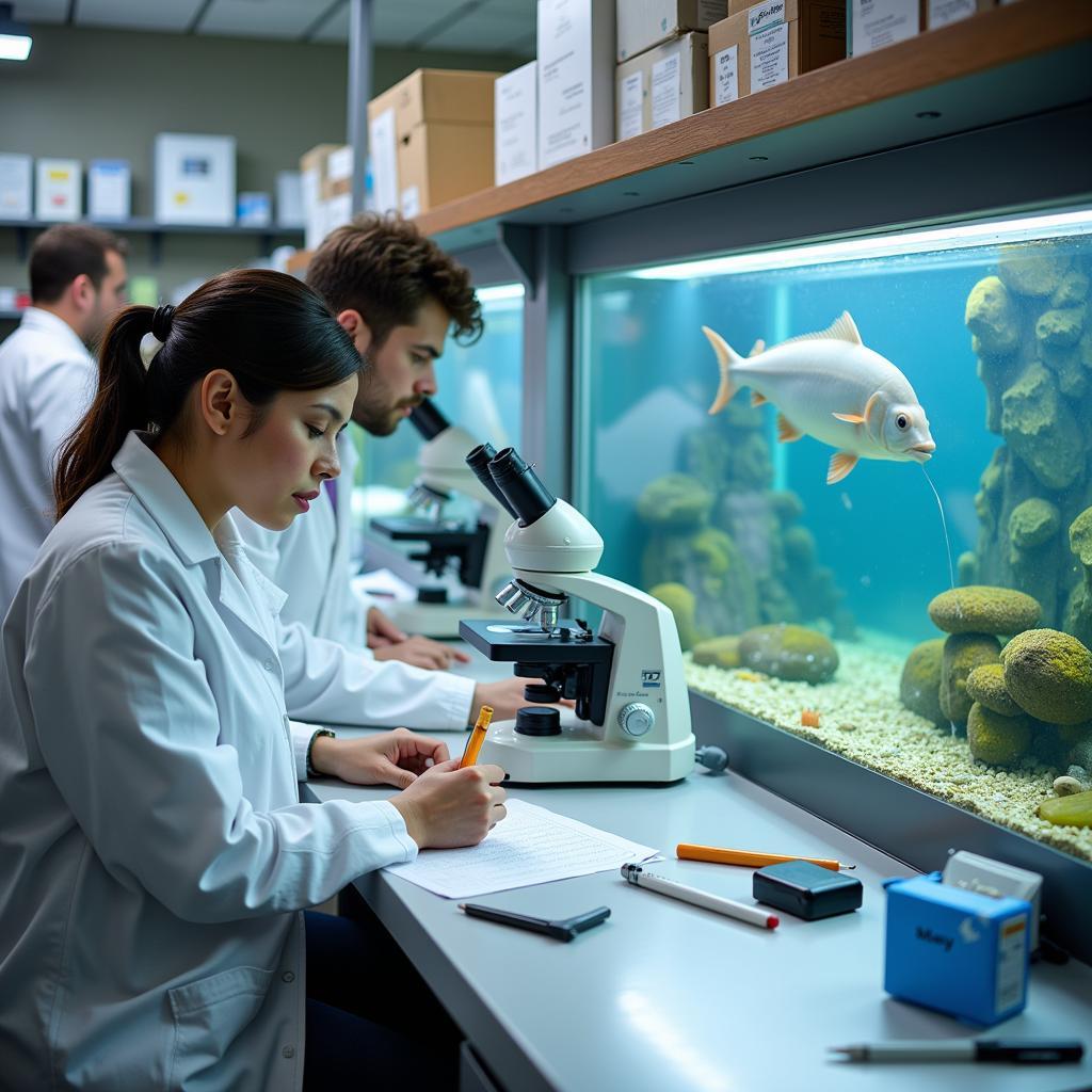 Scientists conducting fish research in a laboratory