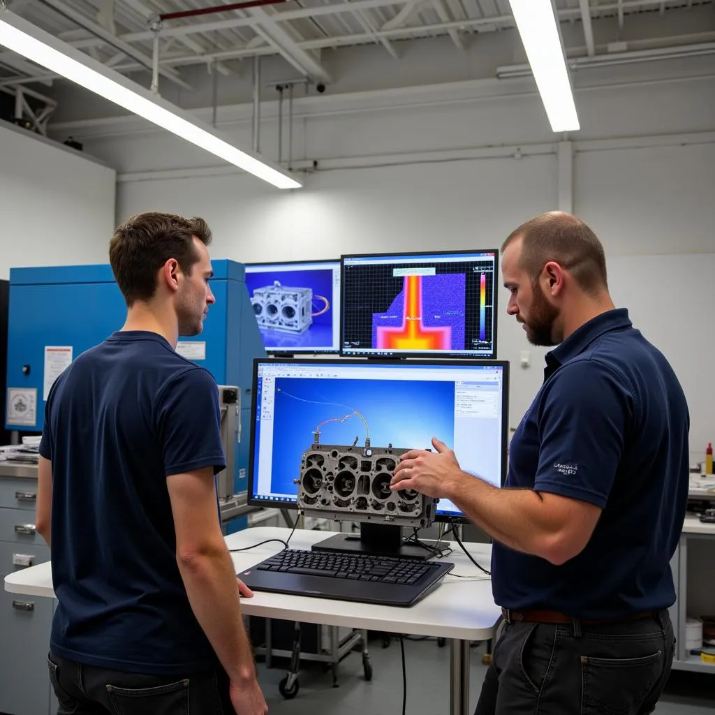 Engineers conducting flow bench testing