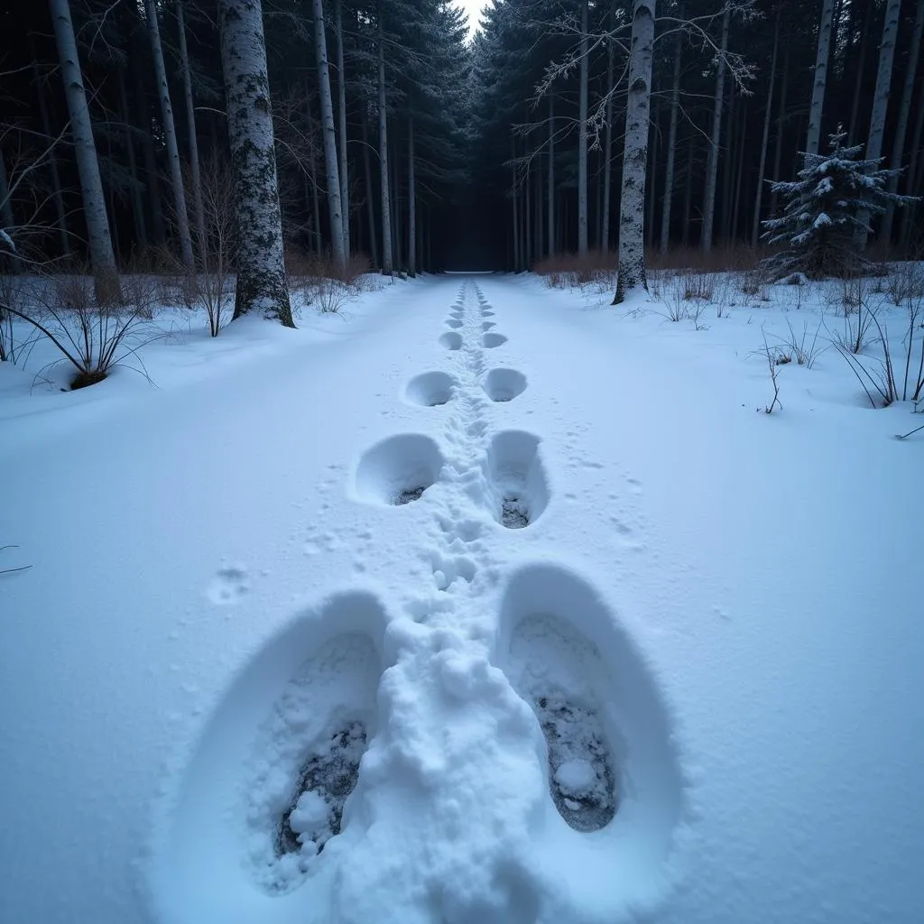 Footprints in the Snow Leading into a Forest