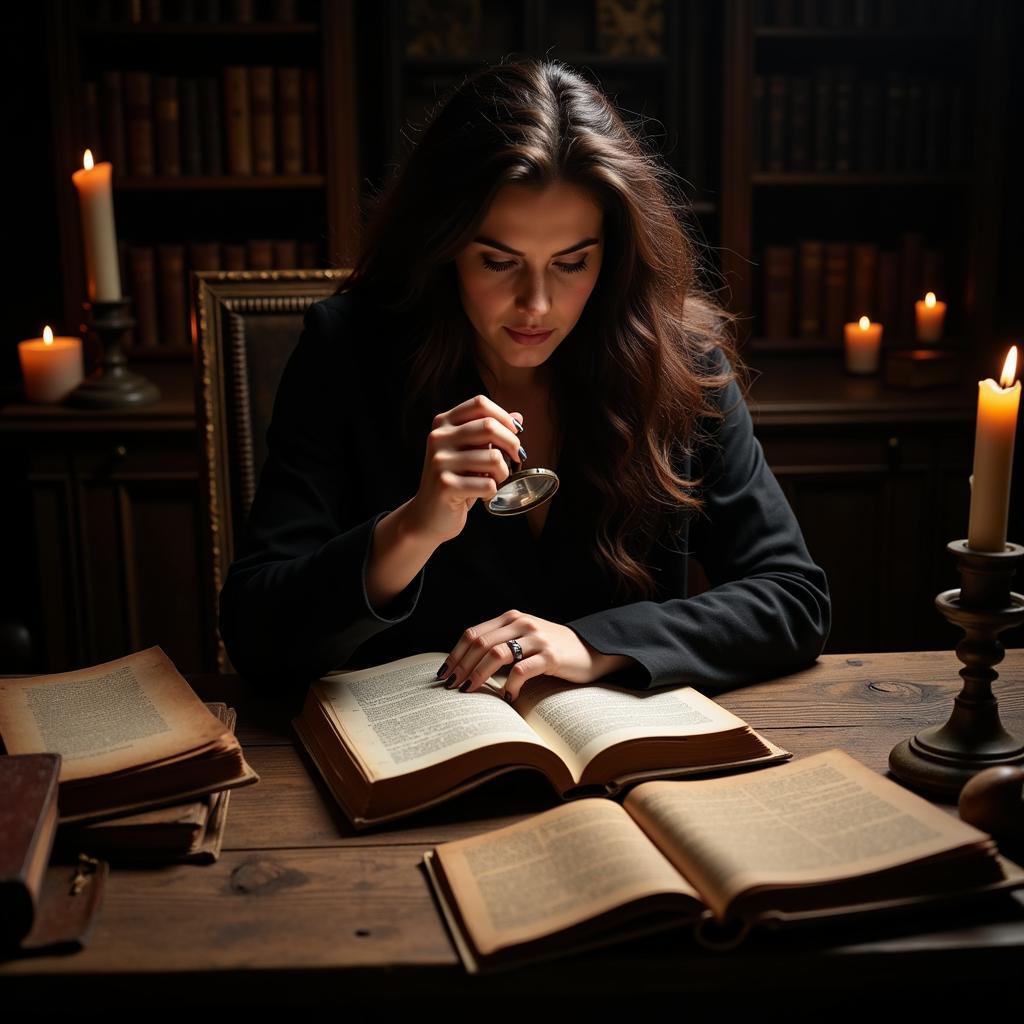 Freya Descendant Research: A woman studies ancient texts, searching for clues to her lineage.