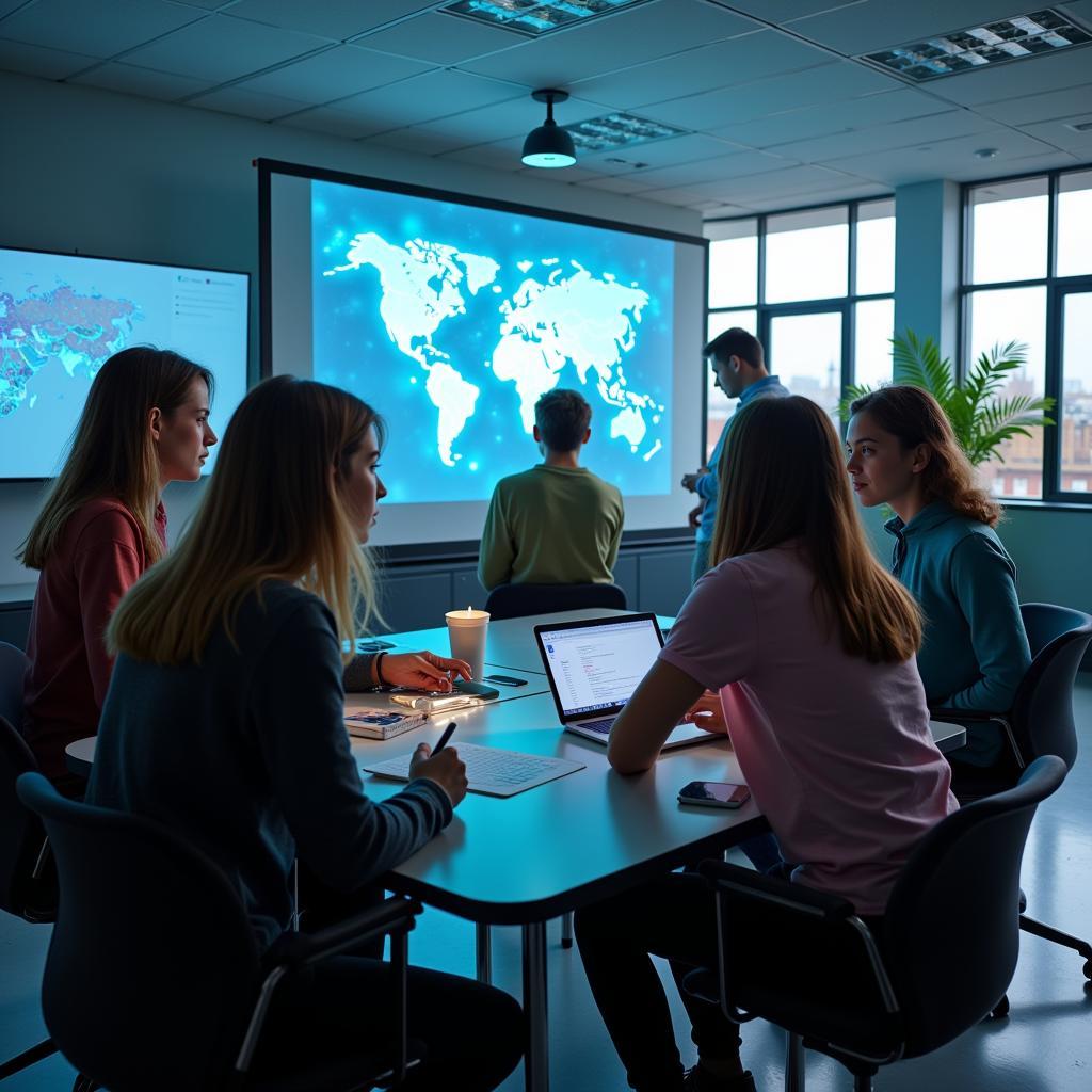 Students collaborating on a project in a futuristic classroom