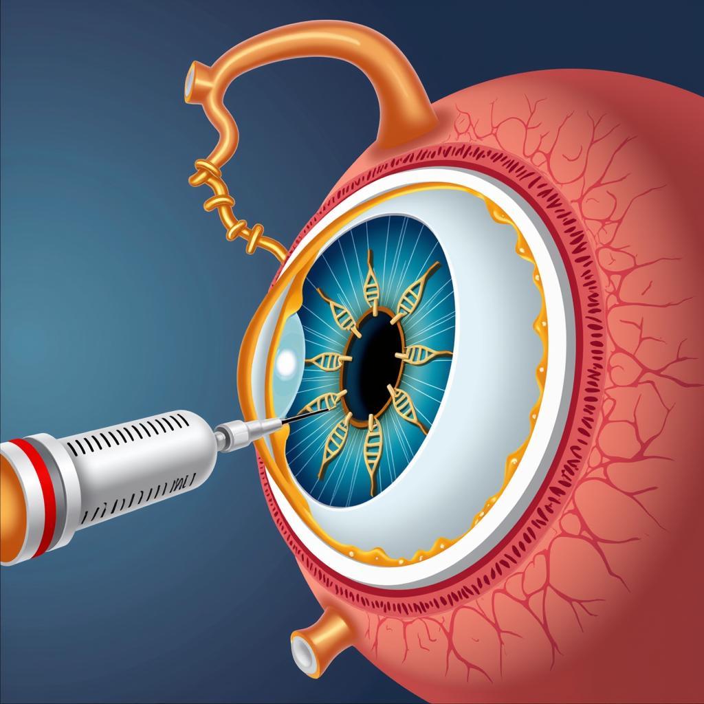 Gene therapy illustration showing the injection of healthy genes into the eye