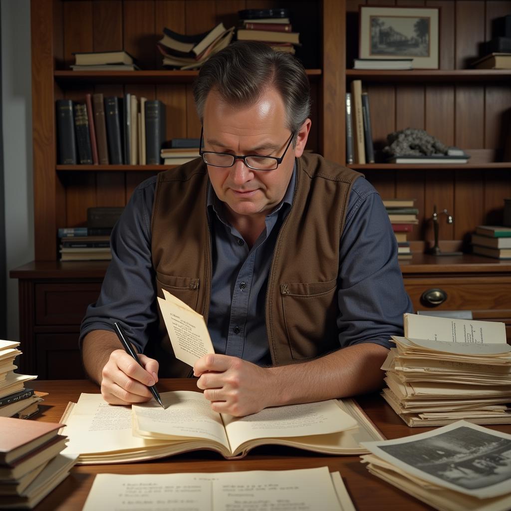 Genealogy researcher examining documents