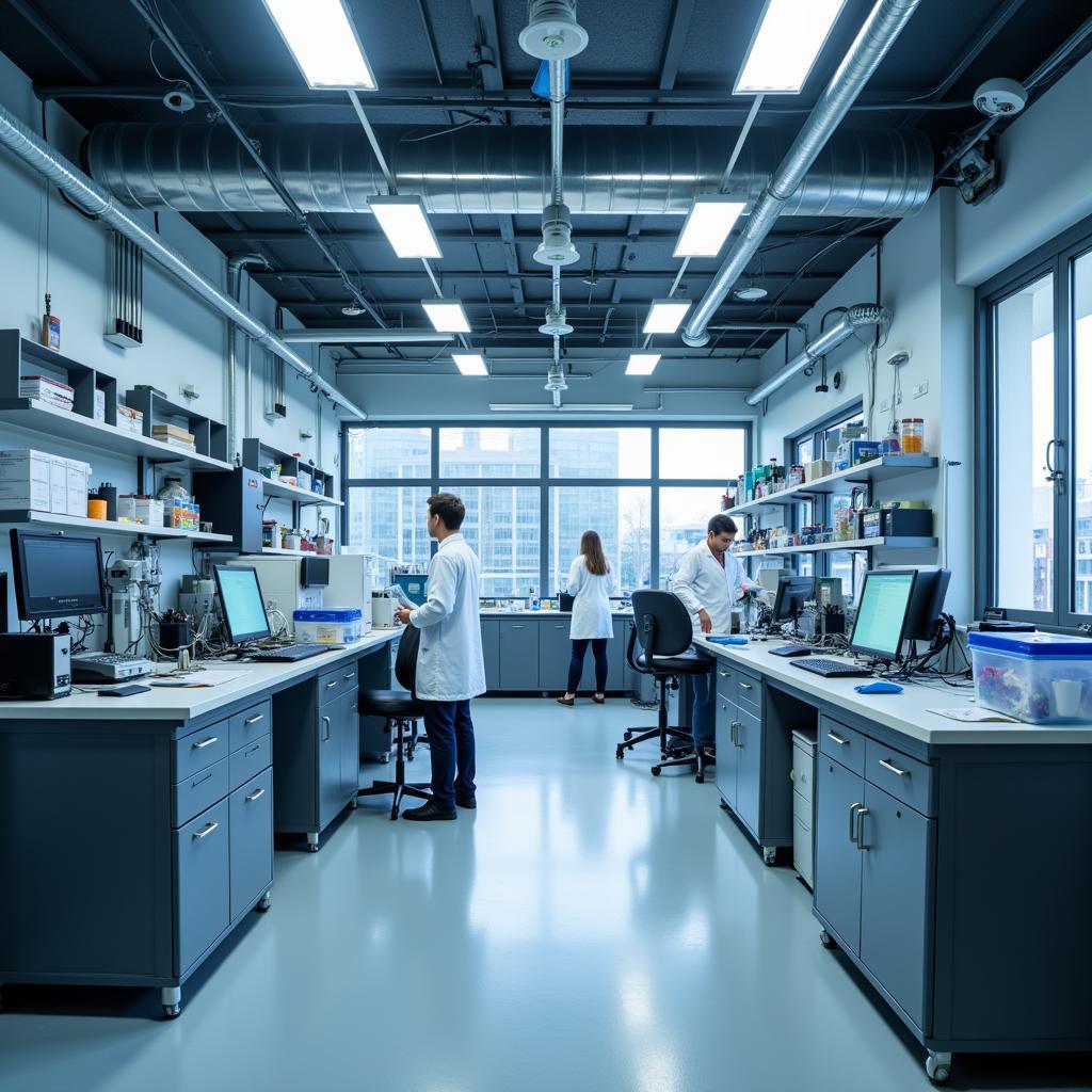 High-tech laboratory with researchers in lab coats.