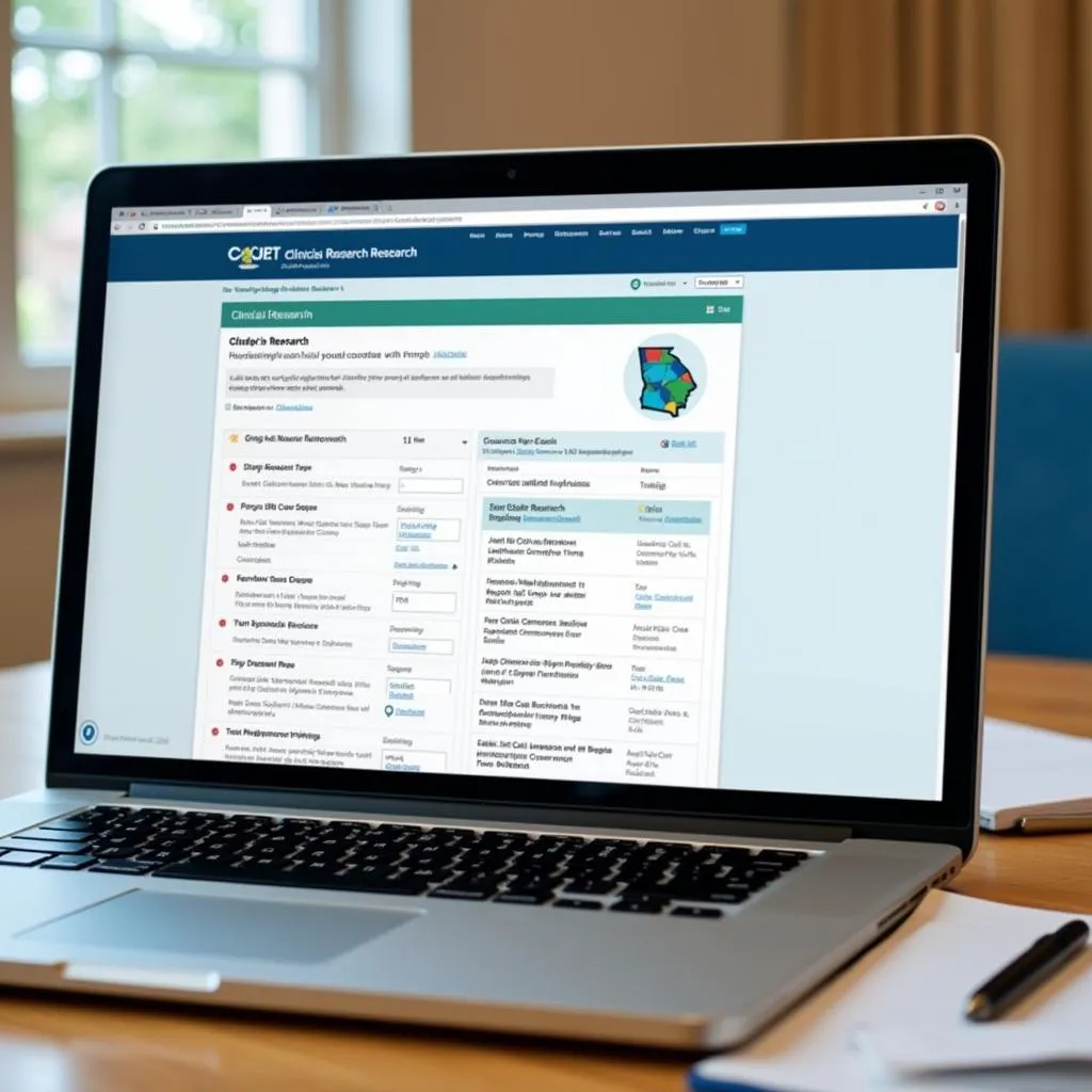 Clinical research job board displayed on a laptop with a Georgia map in the background