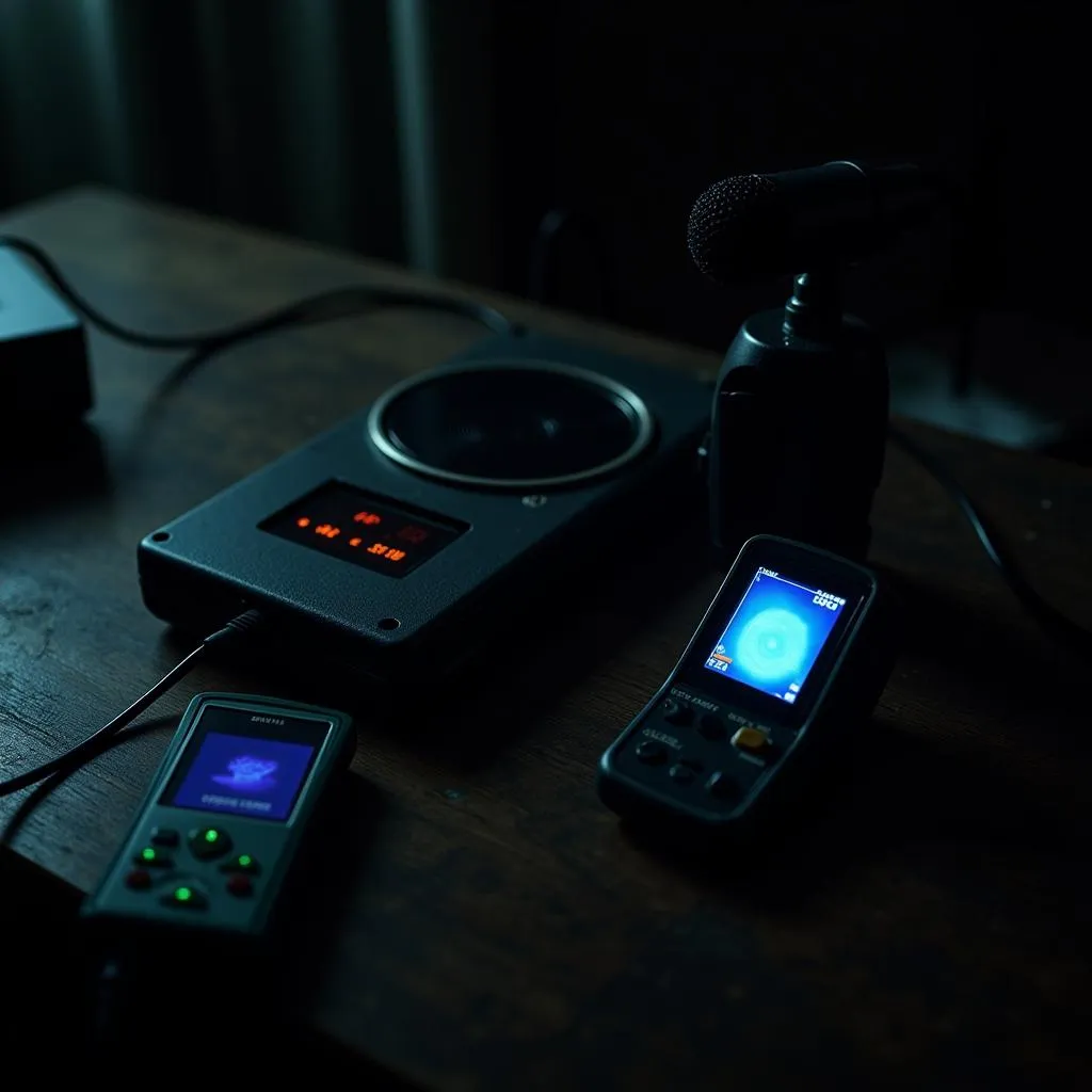 Ghost hunting equipment: EMF meter, EVP recorder, thermal camera