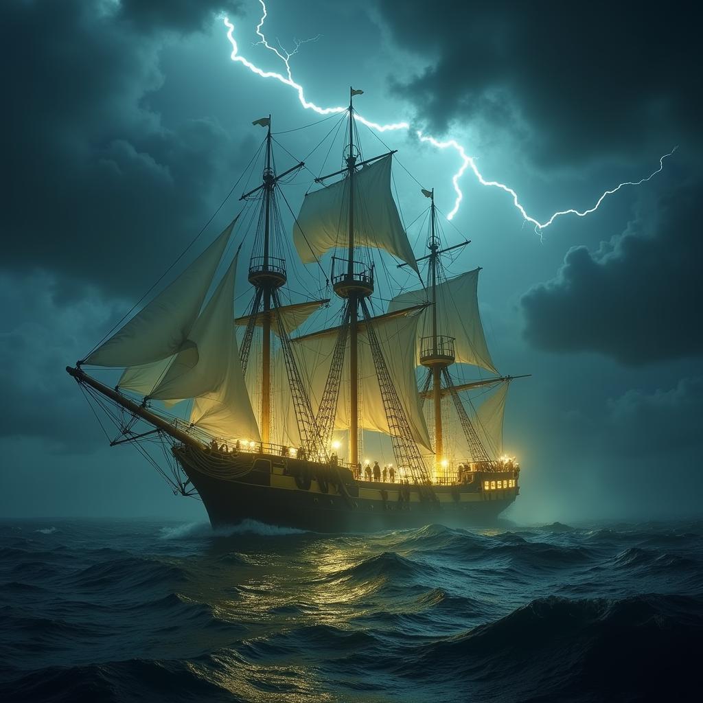 Ghostly galleon sailing through a storm near Madeira Island