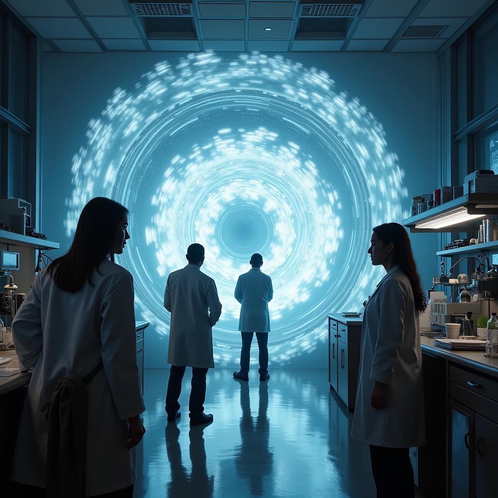 A swirling vortex of energy appears in the center of a research laboratory, surrounded by surprised scientists