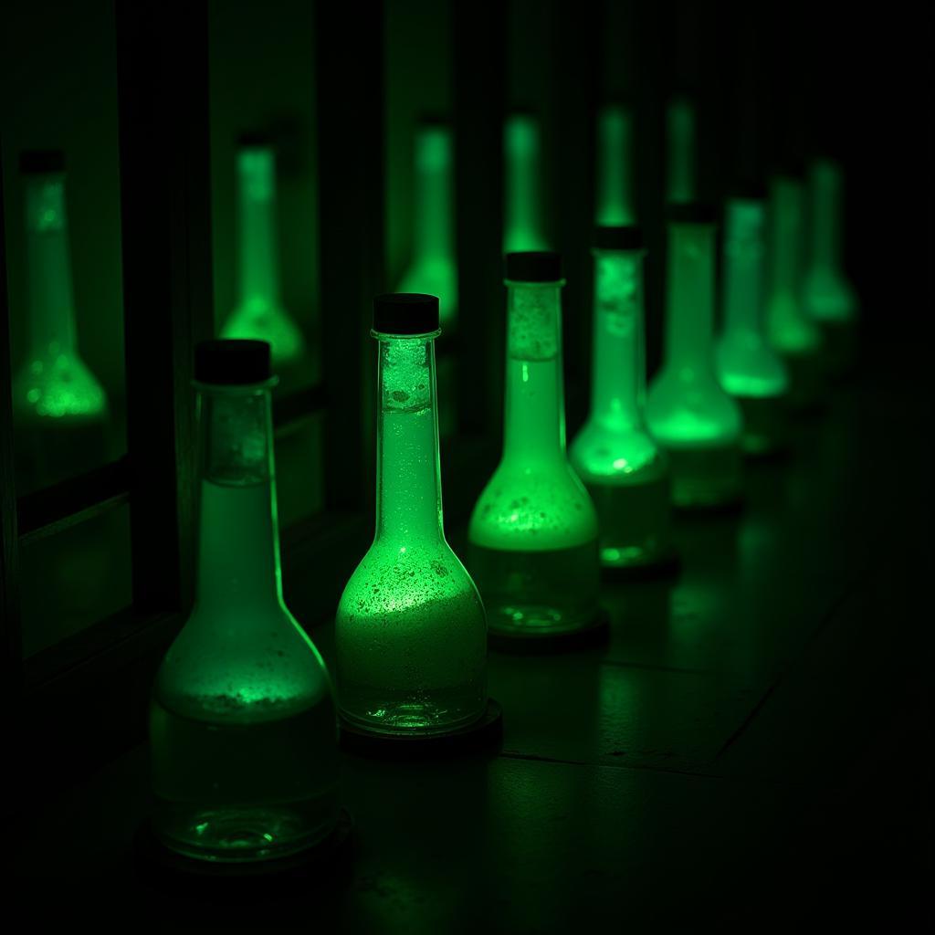 Rows of glowing vats in a darkened lab