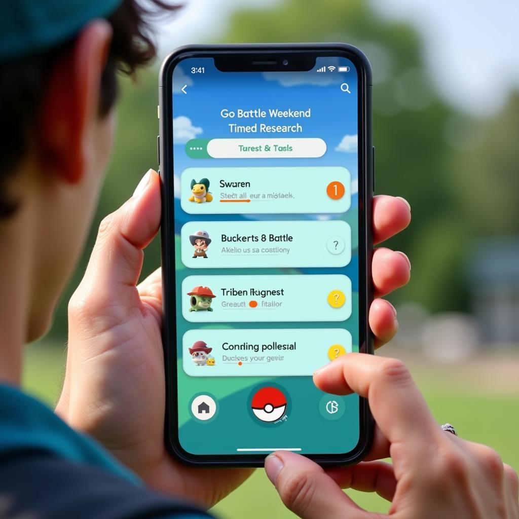 Pokémon Go trainer reading Go Battle Weekend Timed Research tasks