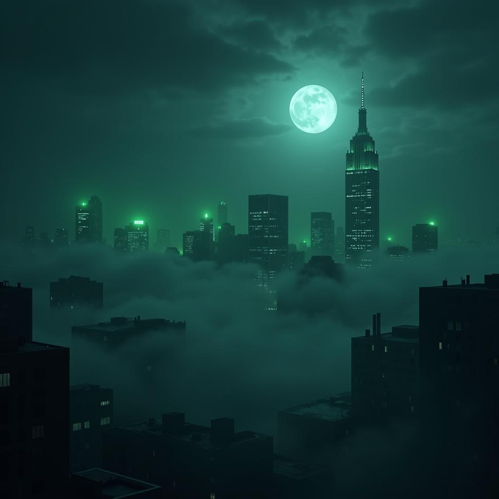 Gotham City skyline at night shrouded in fog and punctuated by eerie green lights.