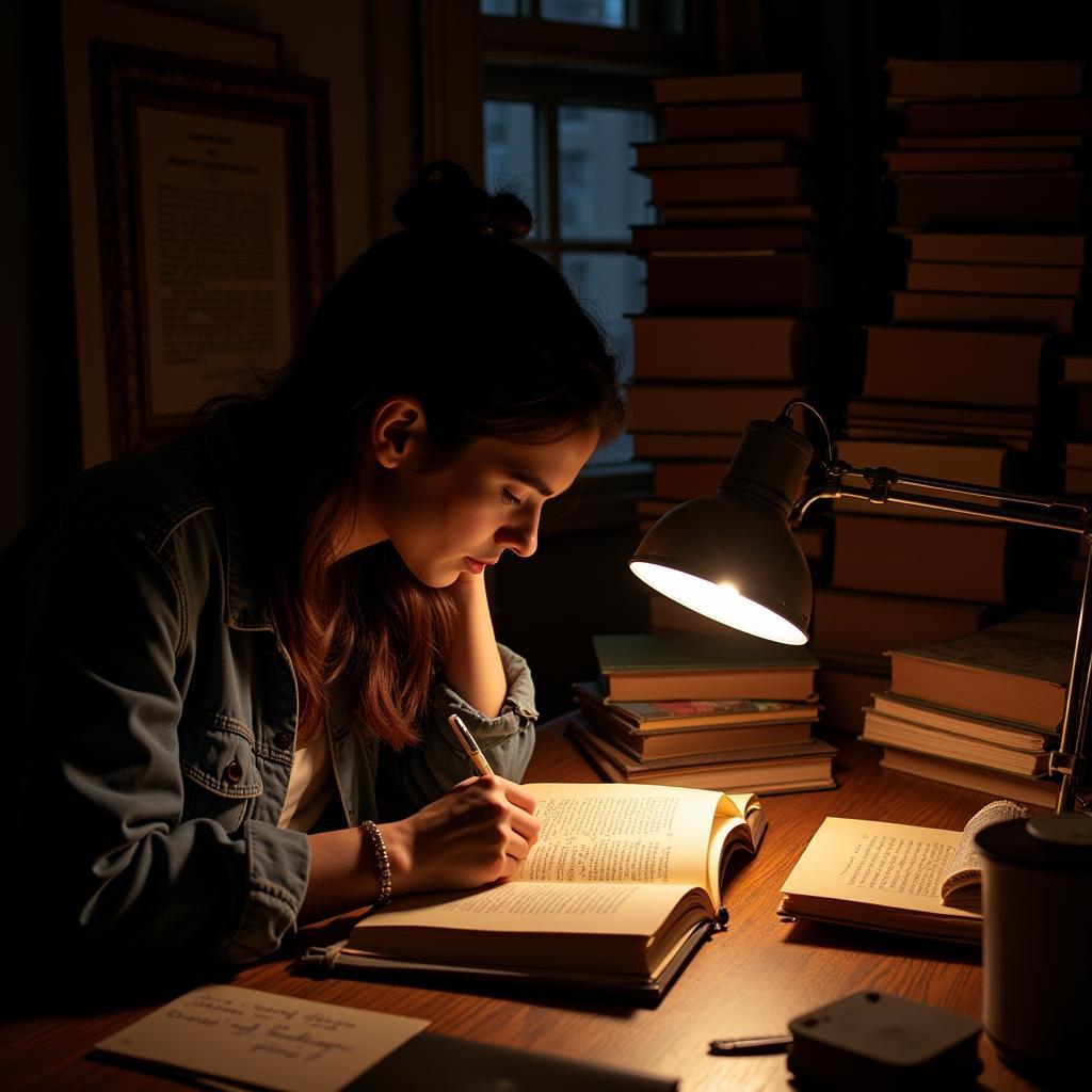 Graduate student researcher engrossed in ancient texts.