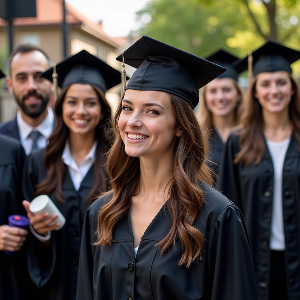 Graduates of a research psychology masters program celebrate their achievements, holding their diplomas.