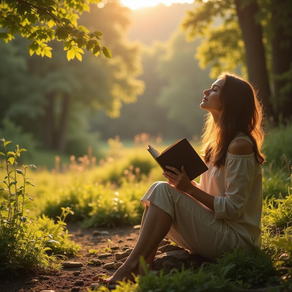 A person sits serenely in nature, meditating with a gratitude journal