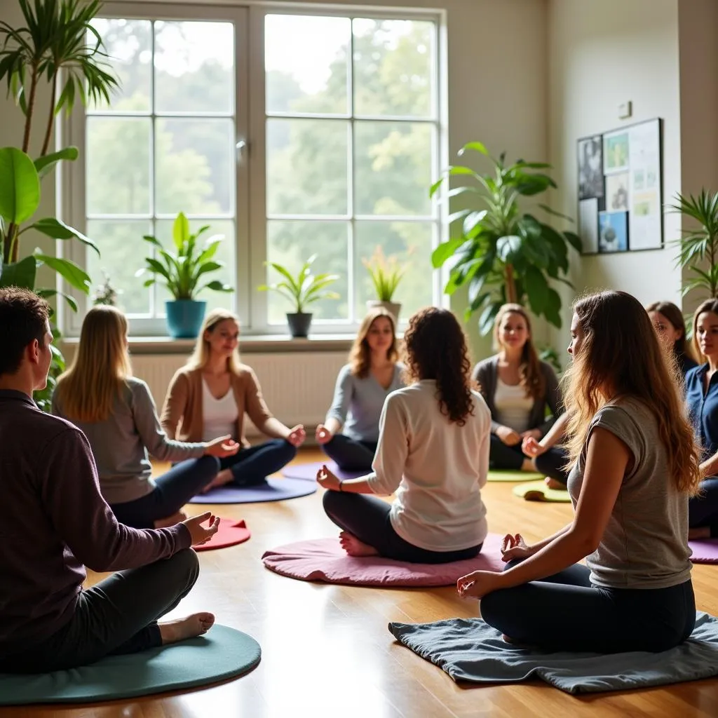 People participating in a group meditation session at the Woodlands Healing Research Center