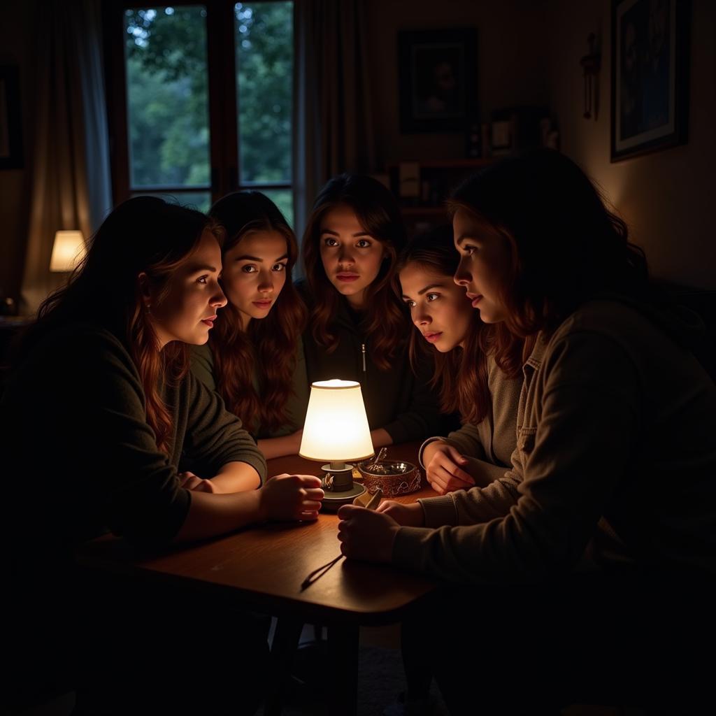 A group of friends huddled together, sharing ghost stories and looking frightened