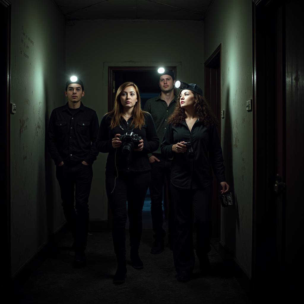 A group of paranormal investigators exploring a darkened room.