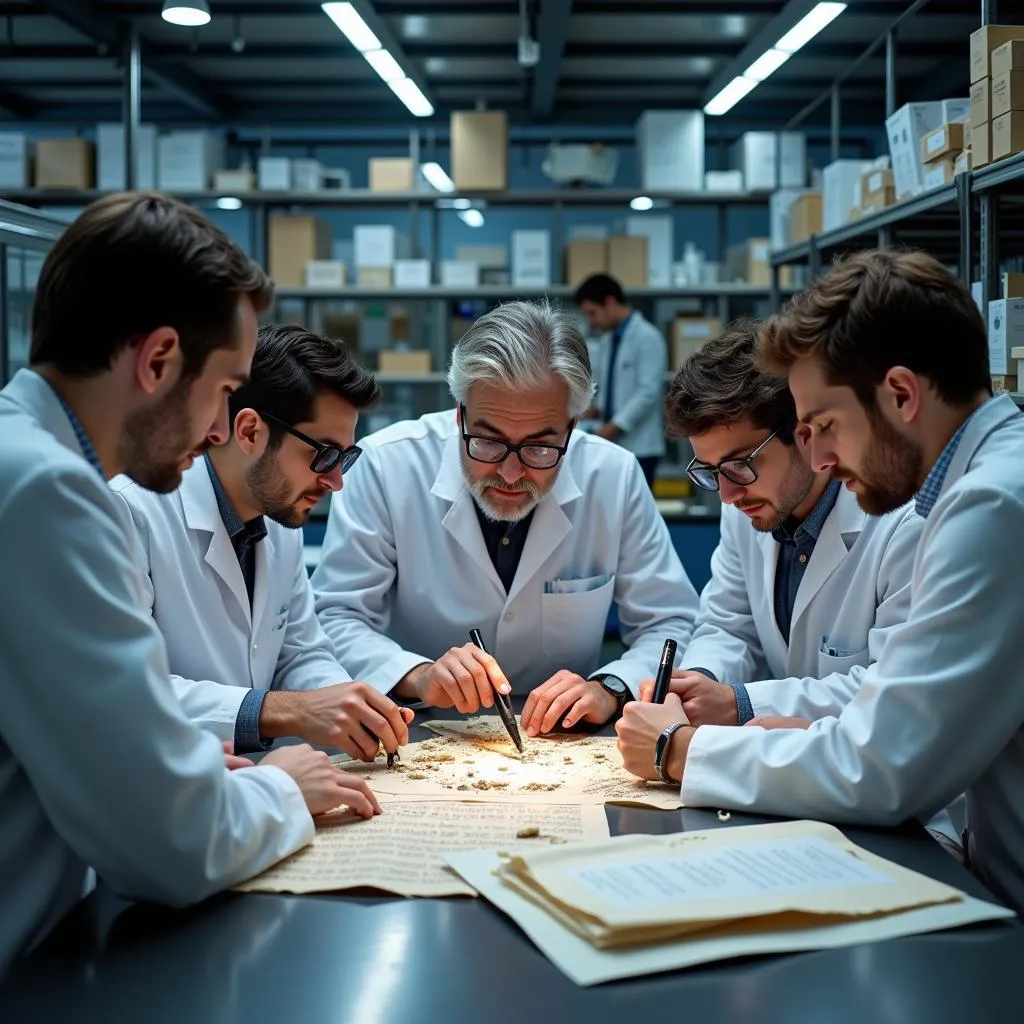 Group of researchers examining ancient documents in a laboratory