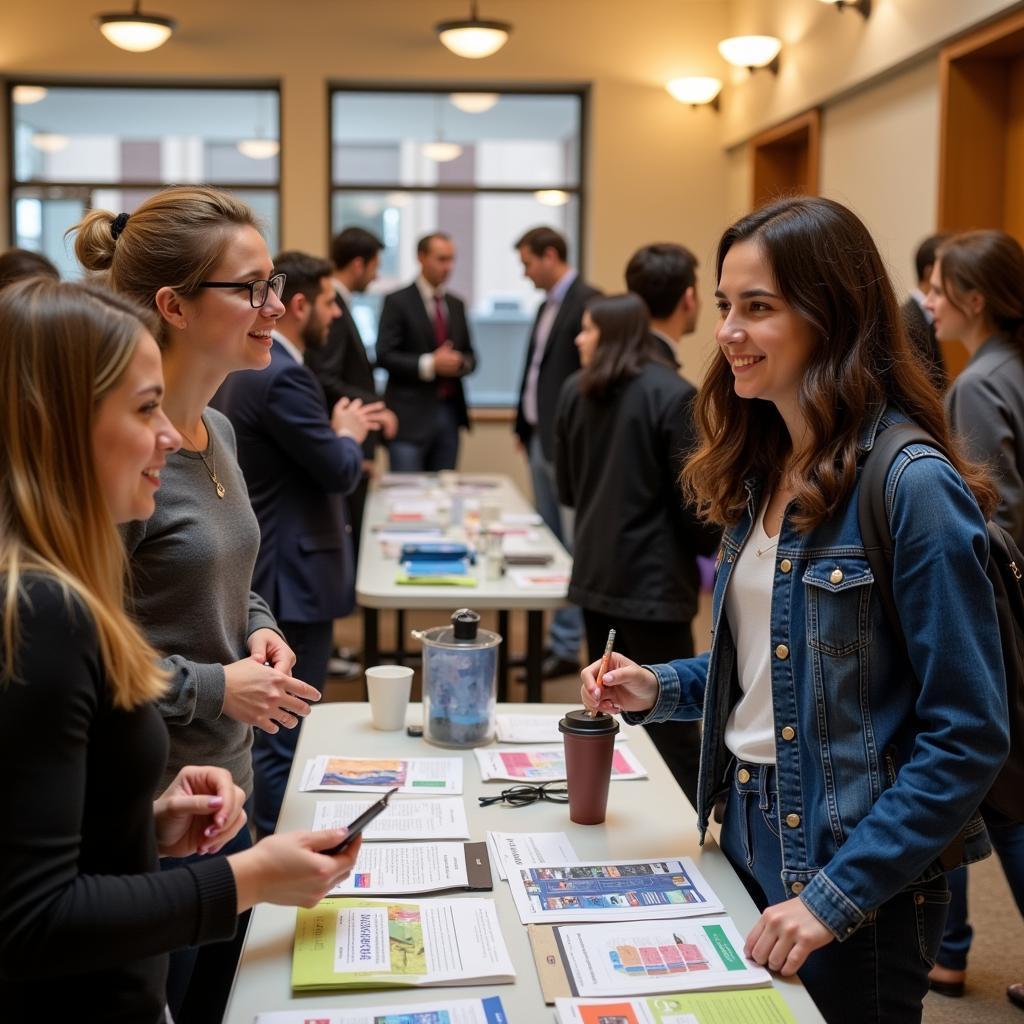 Students engaging with potential employers at booths during a university career fair.