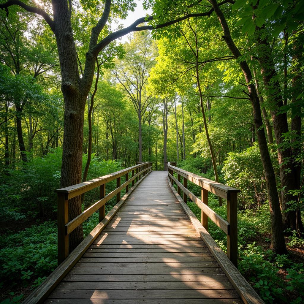 Wooden boardwalk trail winding through a lush coastal forest in GTM Reserve